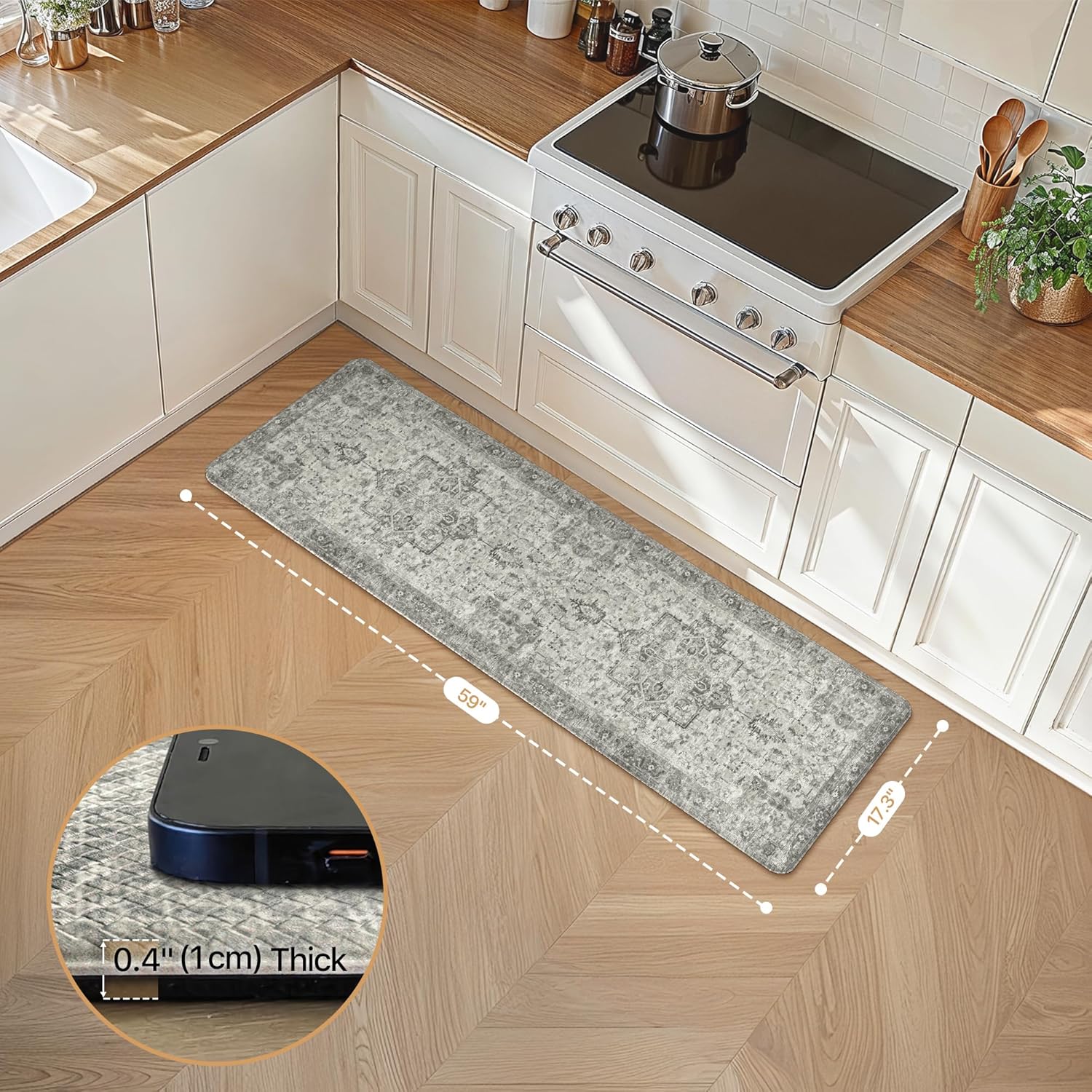 GENIMO Kitchen Mats for Floor, Washable Anti Fatigue Mat for Cushioned, 17.3"x59", Waterproof Kitchen Rugs, Non Slip Foam Comfort Standing Mat Rug for Home, Runner, Sink, Laundry, Stone Gray