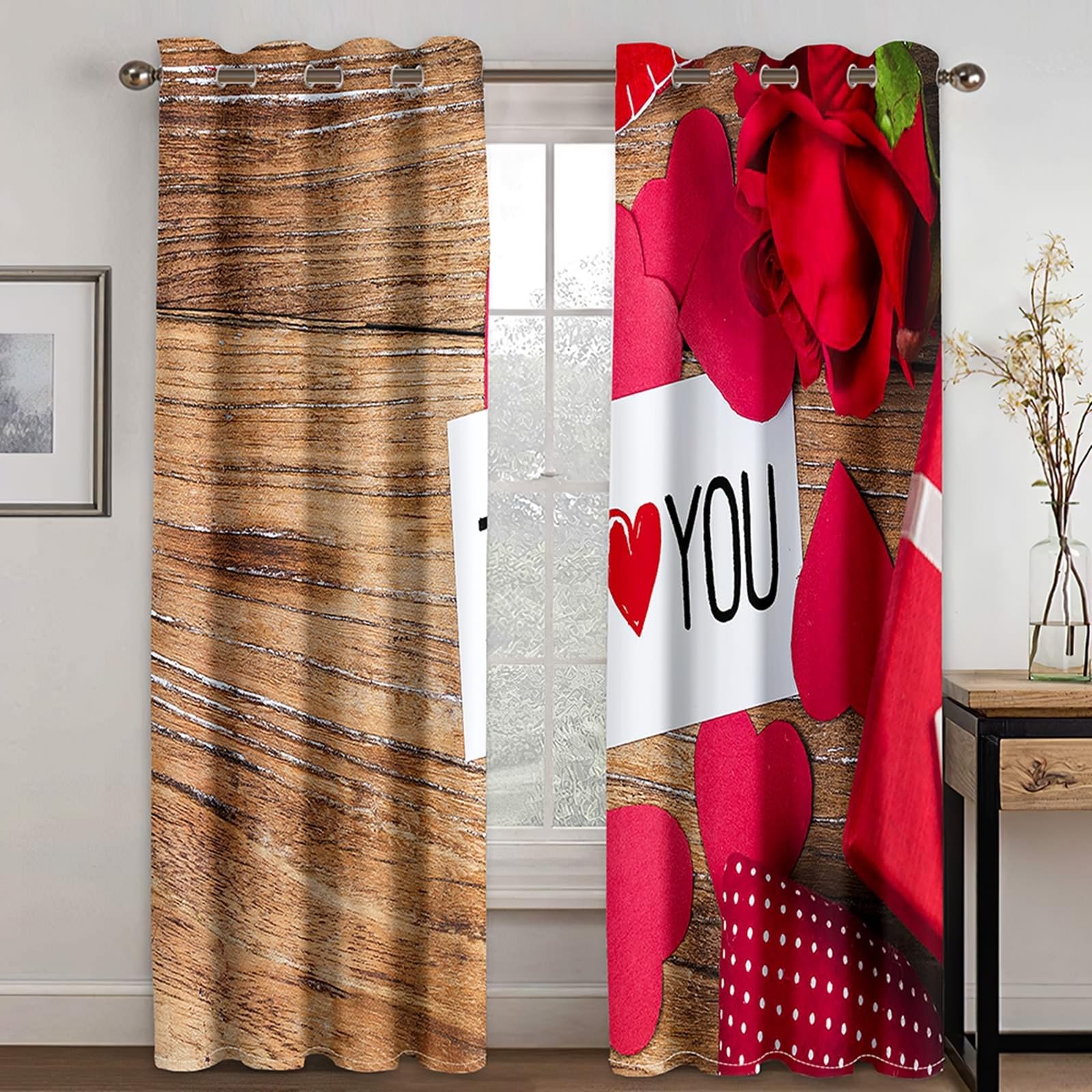 Verdunklungsvorhänge Schlafzimmer, Gardinen Blickdicht Holzbrett mit Herz und Rosenmuster 2er Set H 160 x B 102 cm Abdunkelnde Vorhänge Ösen