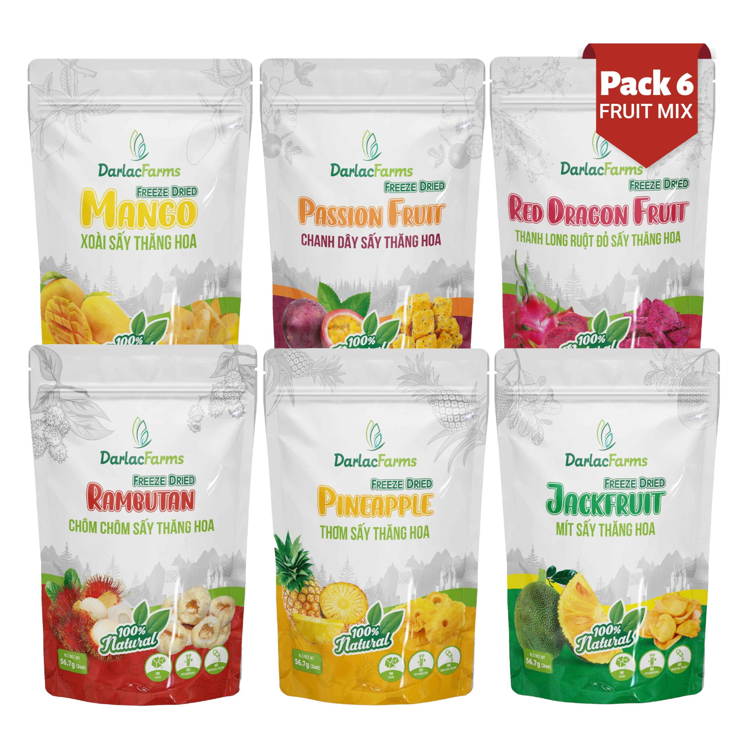 DARLAC FARMS Freeze Dried Fruit Mix, 2 Oz x Pack 6, Individual Pack | Jackfruit, Mango, Red Dragon Fruit, Rambutan, Pineapple Passion Fruit Snacks for Kids, Adults, No Sugar Added, Vietnamese Snacks