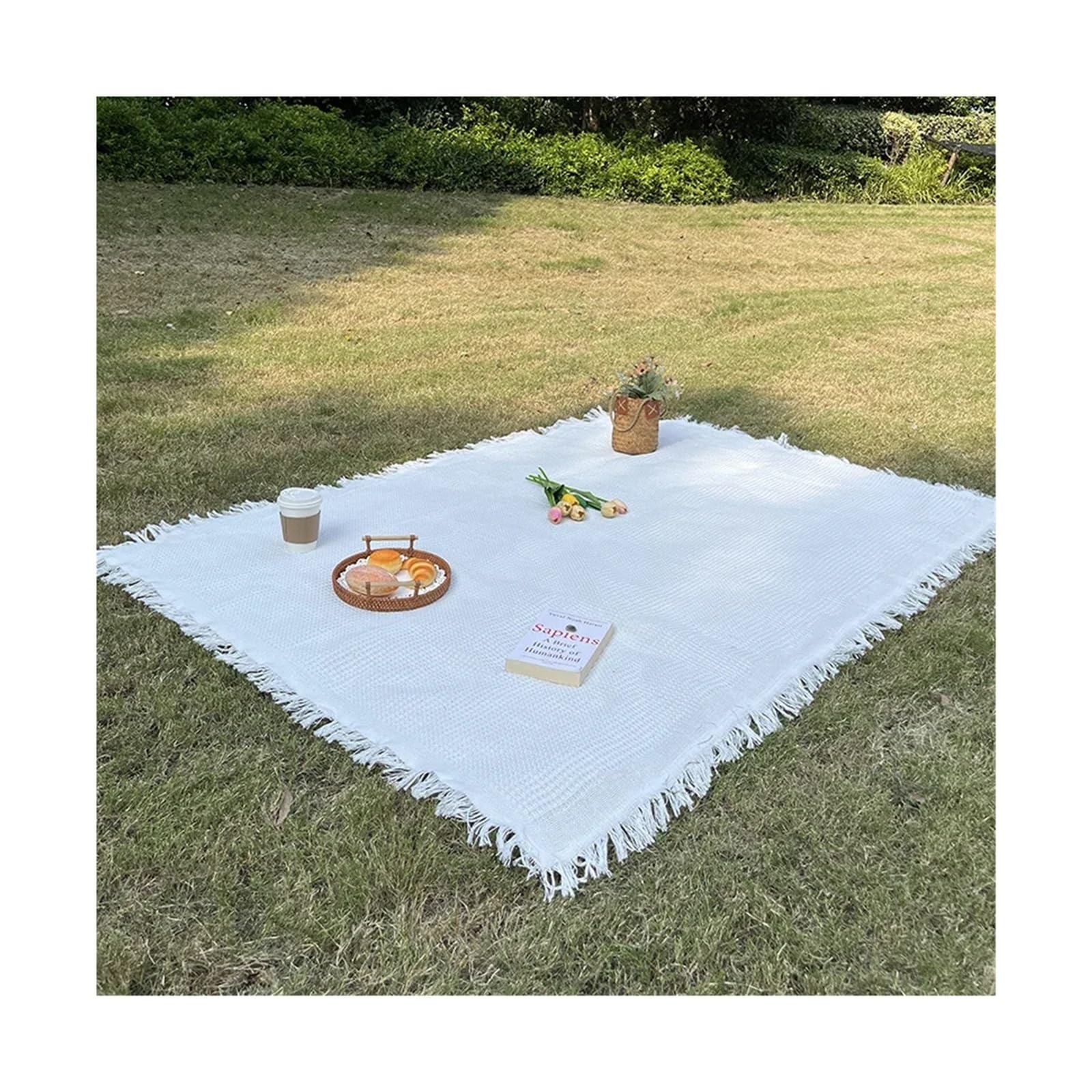Przenośny koc piknikowy z frędzlami, duży, 180 x 230 cm, mata outdoorowa, na kemping, plażę, ogród, podróż, wszechstronny obrus i narzuta na łóżko, kolor biały