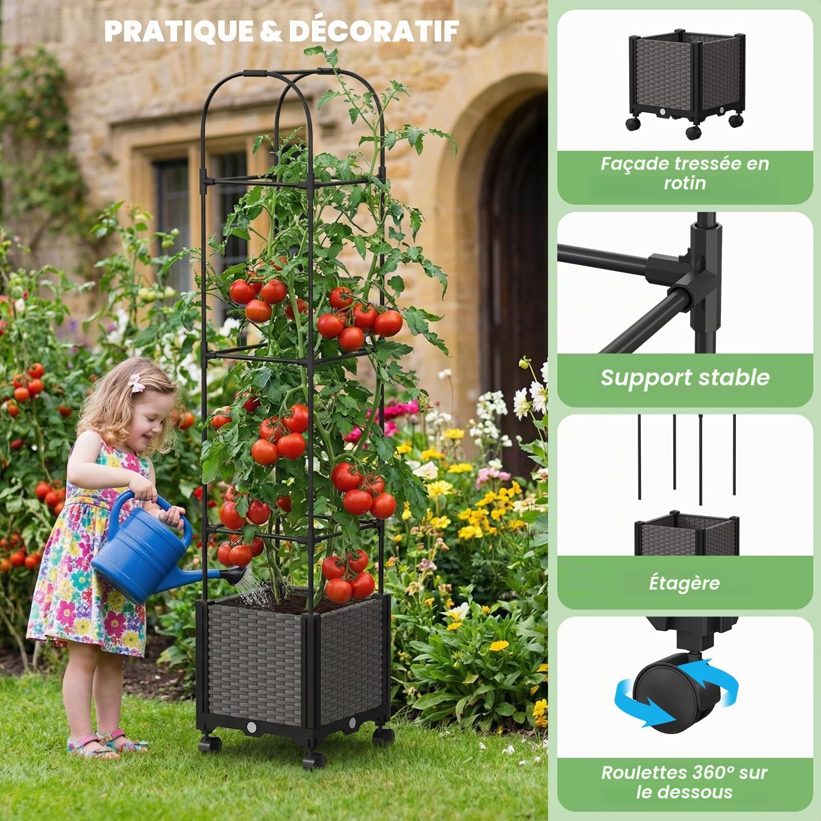 180x40x40CM Jardinière surélevée avec treillis et roues pour plantes grimpantes, bac de plantation avec protection visuelle pour tomates, concombres, rosiers grimpants, etc. (Simple)
