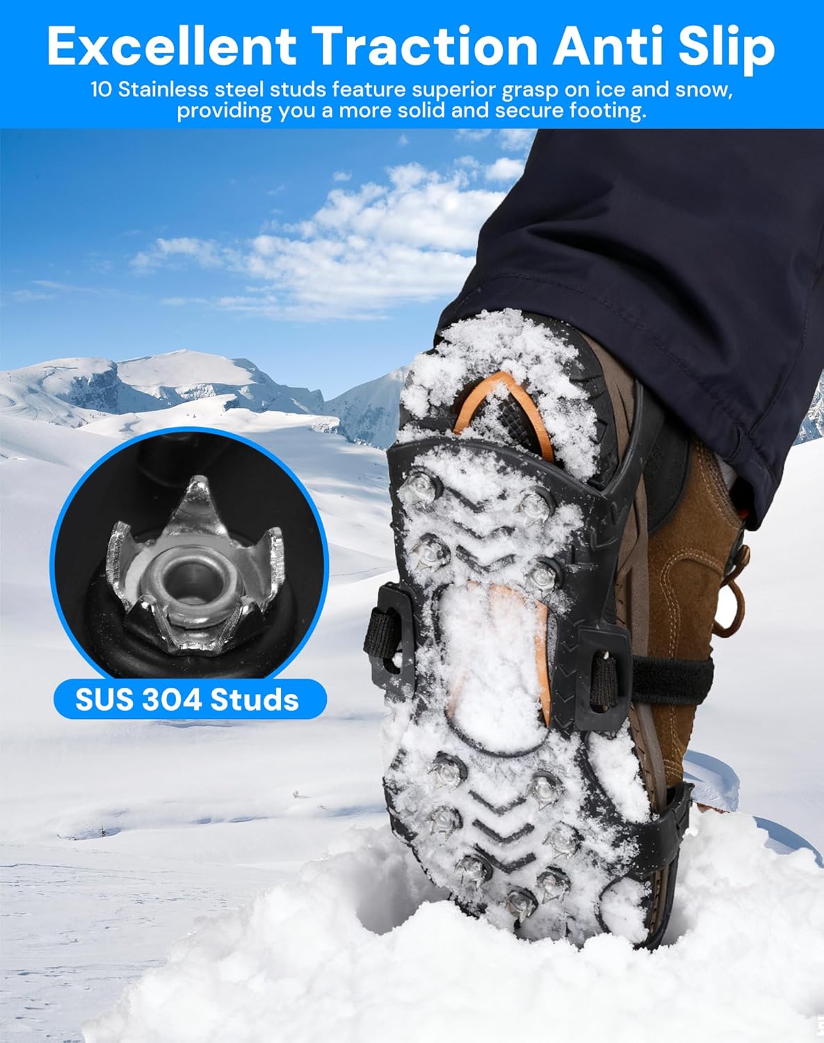 Crampons Ice Cleats for Shoes and Boots, Silicone Stainless Steel Grippers with 10 Stainless Steel Spikes Traction Cleats for Ice and Snow for Winter Walking, Hiking, Climbing, and Fishing