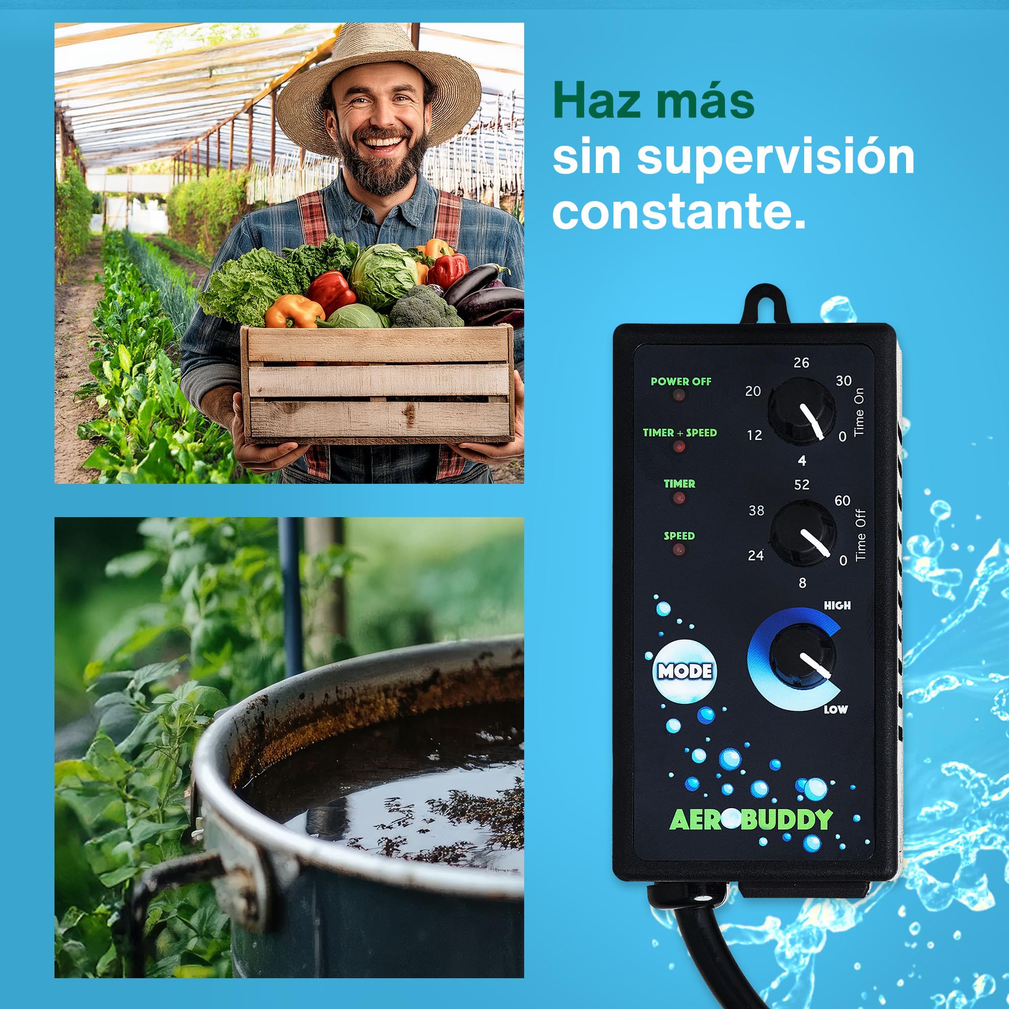AEROMIXER Aerobuddy EU Zeitschaltuhr Steckdose mit Intervallsteuerung & Drehzahlregler für Pumpen – Steckdosentimer zur Pumpensteuerung von Misch- und Belüftungszyklen in Gartenbau & Landwirtschaft