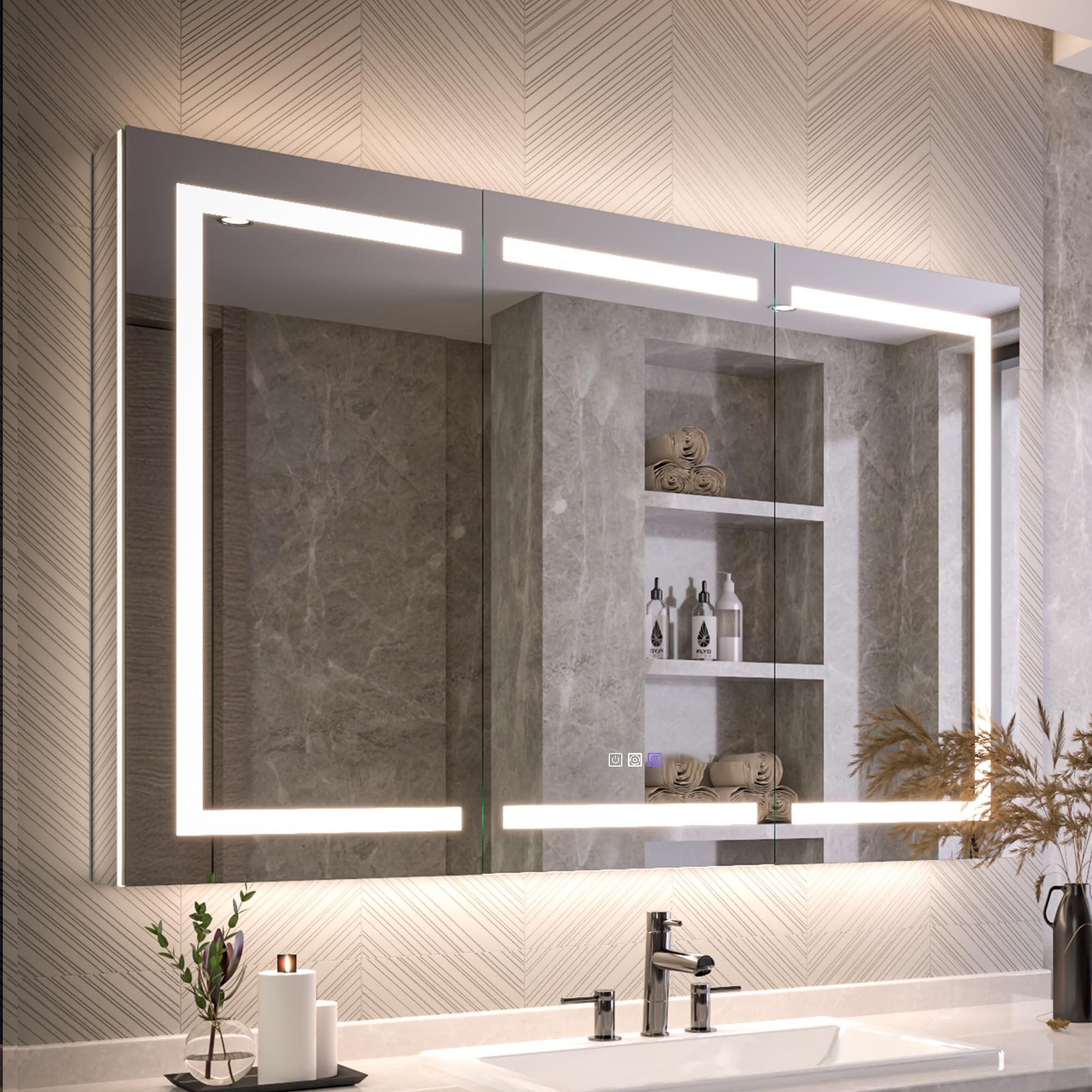 Recessed Medicine Cabinet with Lights, 54x36 Lighted Medicine Cabinet with Mirror, 5XMagnifier, GFCI Outlet, Soft-closed, Front&Backlit, Anti-Fog,