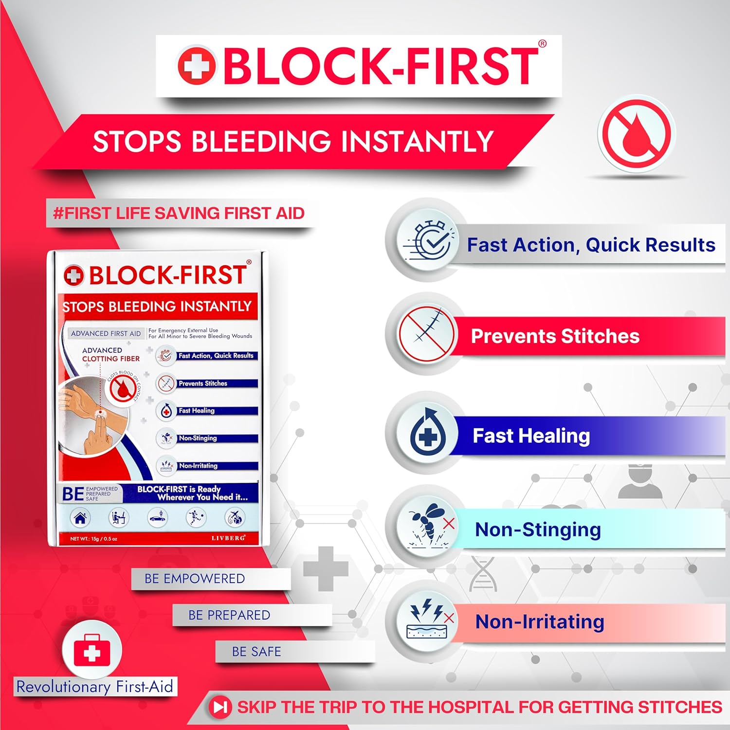 BLOCK-FIRST Stops Bleeding Instantly Without Stitches, Advanced Emergency First Aid Kit for All Minor to Severe Bleeding Wounds, Multi-Use Pack, for Cuts, Lacerations & Traumatic Injuries BLOCK-FIRST Stops Bleeding Instantly Without Stitches, Advanced Emergency First Aid Kit for All Minor to Severe Bleeding Wounds, Multi-Use Pack, for Cuts, Lacerations & Traumatic Injuries