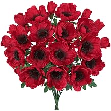 Hollyone 10 Heads Red Poppy Flowers Artificial 2Pcs Fake Poppies Flowers Bouquets with 7 Heads Full Bloom Poppy & 3 Buds Bouquet Stems Faux Floral Flower Arrangement for Party Table Home Decoration