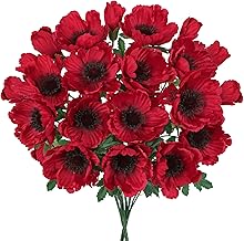 Hollyone 2 Bundles Artificial Flower Poppies Artificial Red Decorative Flower with 7 Flower Heads Silk Flowers Like Real Poppy Flower Arrangement for Autumn Decoration Party Home Office Table
