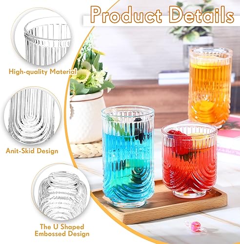 Miniatura 3 de Vesici 8 vasos de cóctel, diseño de arco, cristalería acanalada, vintage, ondulados, para bebidas de agua de whisky, café helado, jugo, leche, 14