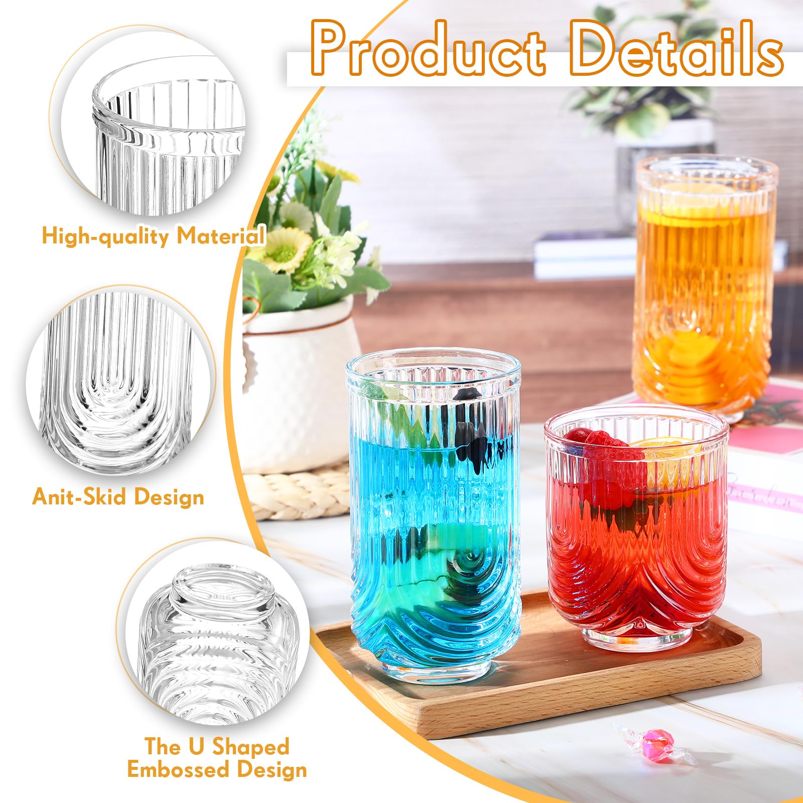 Vesici 8 Stück Trinkgläser, Cocktailgläser, Bogen-Design, Highball, gerippte Glaswaren, Vintage-Becher, gewellt, ästhetische Becher für Whiskey, Wasser, Getränke, Eis, Kaffee, Saft, Milch, 400 ml und