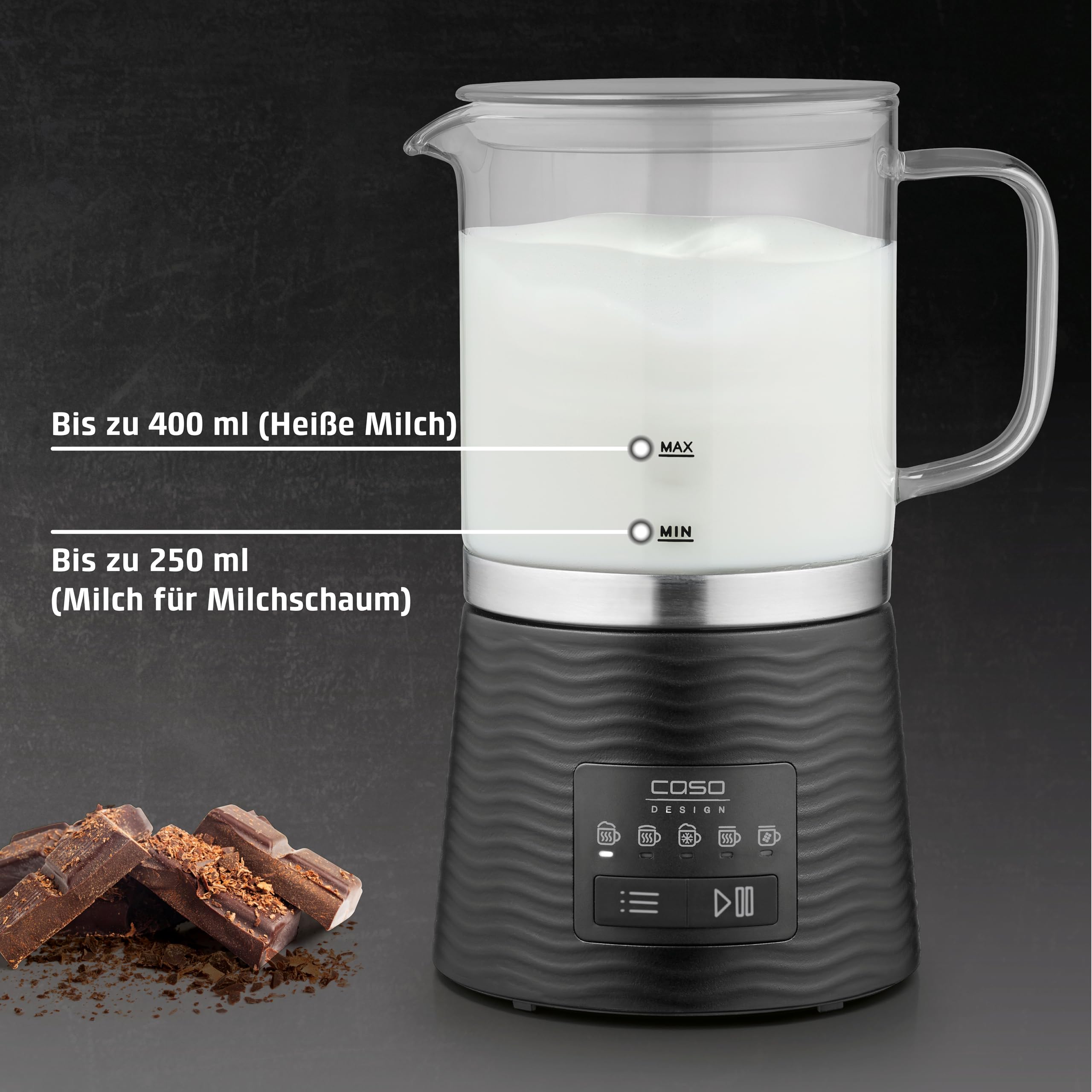 CASO CappuLatte - Design Glas-Milchaufschäumer, cremiger Milchschaum, heiß & kalt, abnehmbarer Behälter, spülmaschinengeeignet, 5 Funktionen, 250 ml/400 ml, LED-Anzeige, One-Touch