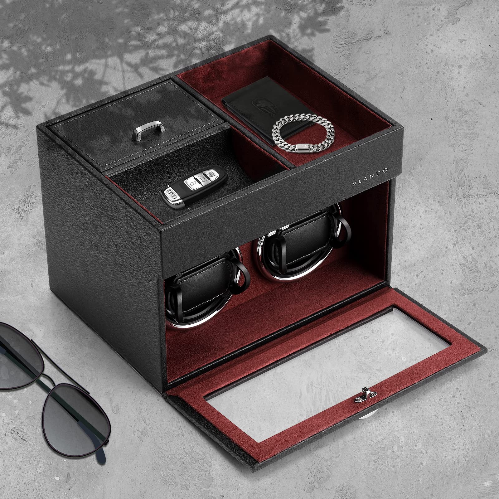 Vlando Automatische Uhrenbeweger 2 Uhren, Watch-Winder Leder mit Schmuckaufbewahrung Taschleerer, Japanischem Leisen Motoren, LED Beleuchtung, Wechselstromadapter, Luxuriöse Uhrenbeweger Box