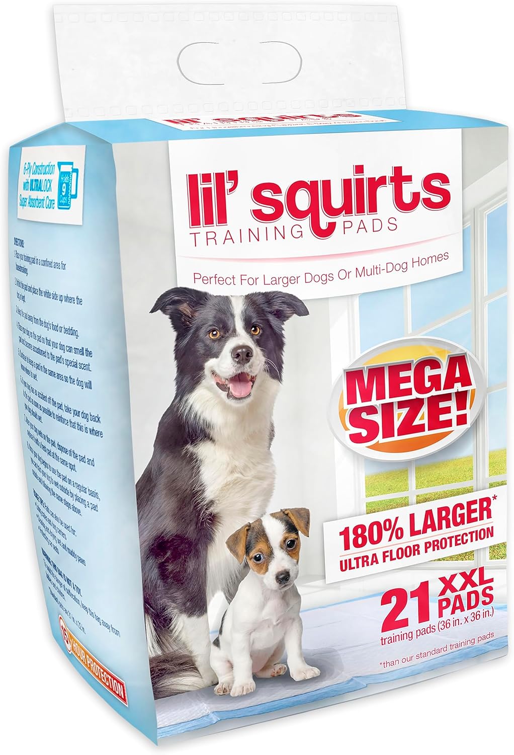 RUFFIN' IT Lil' Squirts XX-Large Mega Training Puppy Pads for Larger Dogs & Multi Dog Homes, Pad Size 3' x 3', 21 Padsper Package, Assorted (82003)