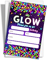 Vista 16 de Invitaciones de fiesta de cumpleaños con neón y brillo, 20 unidades. Invitaciones temáticas de cumpleaños "Let's Glow Crazy" con sobres - HBYQK-B02