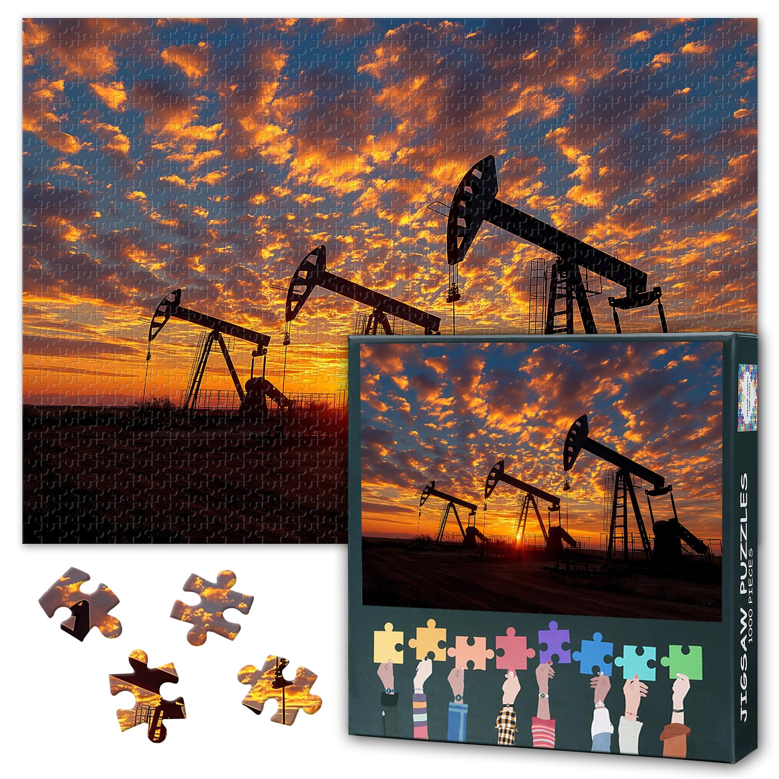 Jigsaw Puzzle 1000 Piece Set for Adults Row of Oil Production Pumps at Dusk Energy Resource Extraction Industrial Equipment Wall Art 27.5x19.7 Inch