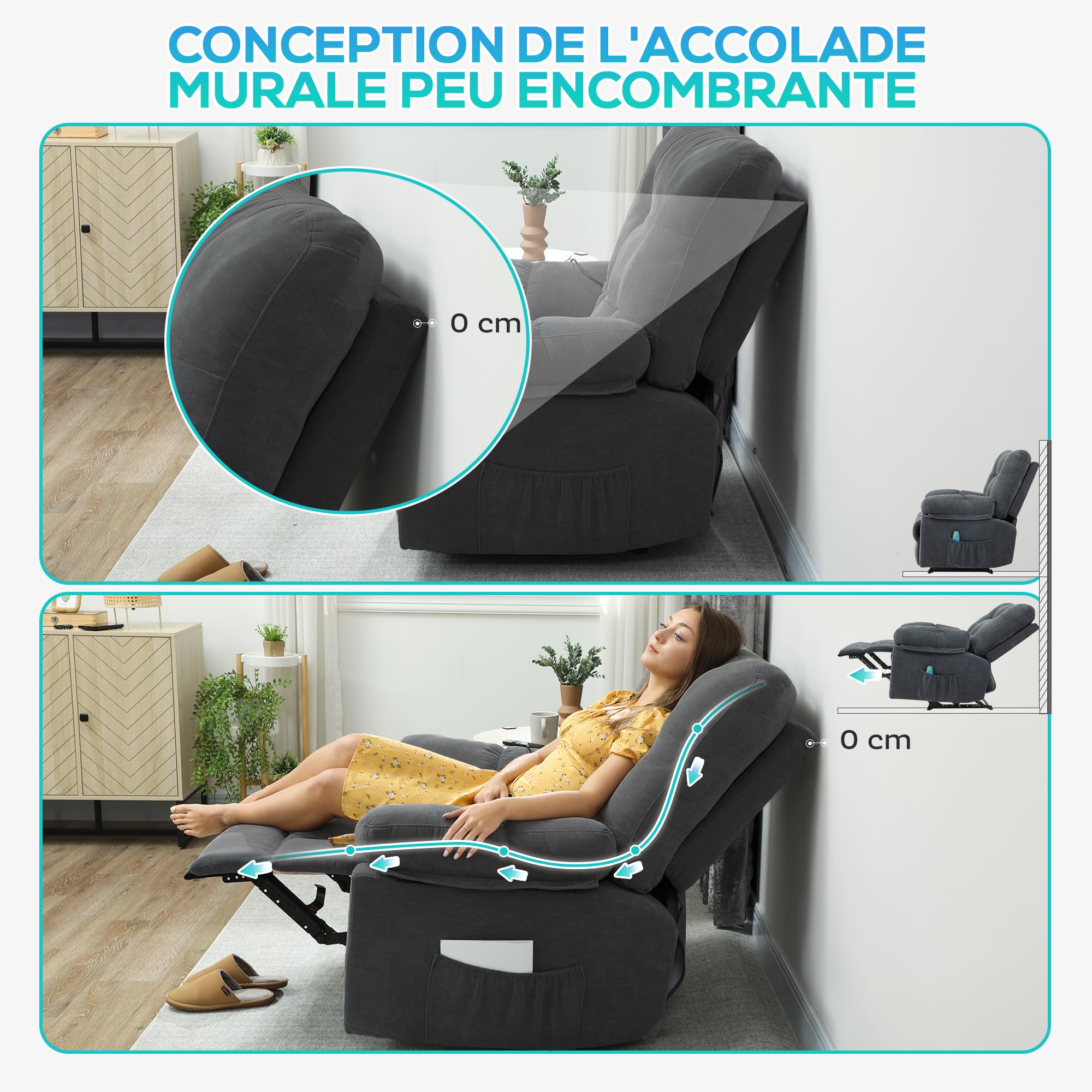 HOMCOM Fauteuil de massage fauteuil relax électrique avec vibration et chauffage, fauteuil relax inclinable manuellement, chaise TV chaise de relaxation repose-pied, télécommande, poche latérale, gris