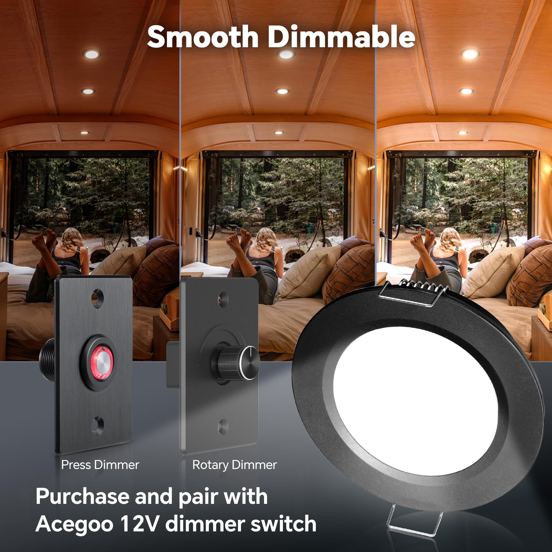 acegoo 4 x Foco LED Empotrable Techo 12V Downlight Regulable 2.5W Negro Blanco frío 5000K IP64 Panel Redondo Extraplano Iluminacion, para Autocaravana Caravana Barco Camión Cocina Baño