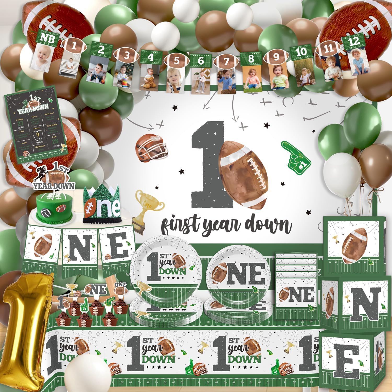 192pcs First Year Down Birthday Party Decorations Include Photo Banner High Chair Banner Backdrop Tablecloth Balloons Tableware Ballon Box Cutout