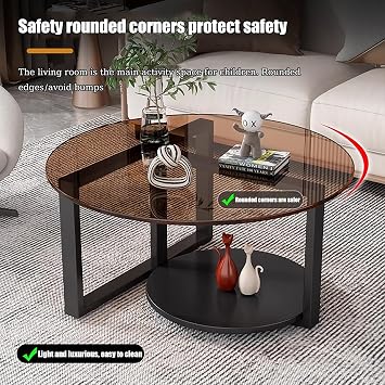 Glass Coffee Table for living room tables, 2-Tier Round Coffee Table with Storage Shelf, Coffee Table with Tempered Glass Top for Living Room Office, Center Table for Living Room(Brown,80x45cm)