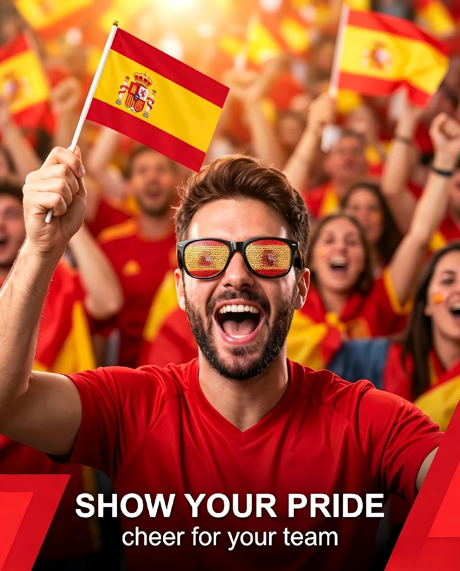 TISCH Set Fan Spagna: 2 Occhiali da Sole, 4 Bandiere 14x21cm per Mondiali, Europei | Outfit Festa & Public Viewing per Tifare la Squadra
