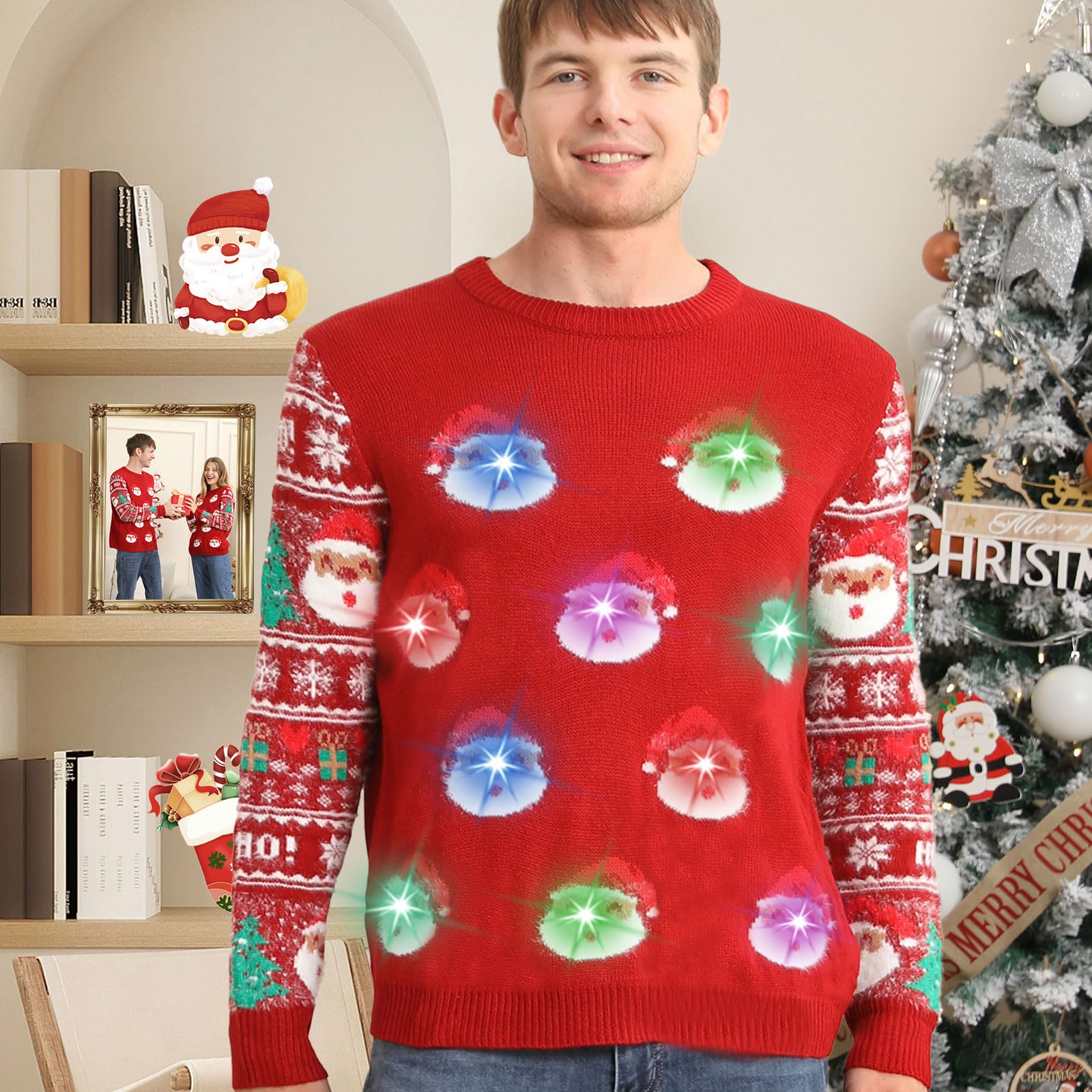 Maglione Natalizio con Luci LED, Maglioni Natalizi Famiglia Set, Brutti Maglione Natalizio Uomo Donna Ugly Christmas Sweater, One Piece Manica Lunga Maglia Natale Maglione di Natale per Coppia