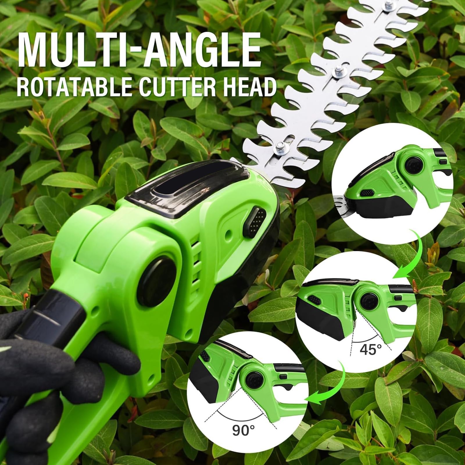 Cortasetos inalámbrico con cabezal giratorio de 90°, cortador de arbustos eléctrico de mano, incluye 2 baterías, ideal para jardín y cuidado del césped, diseño ligero