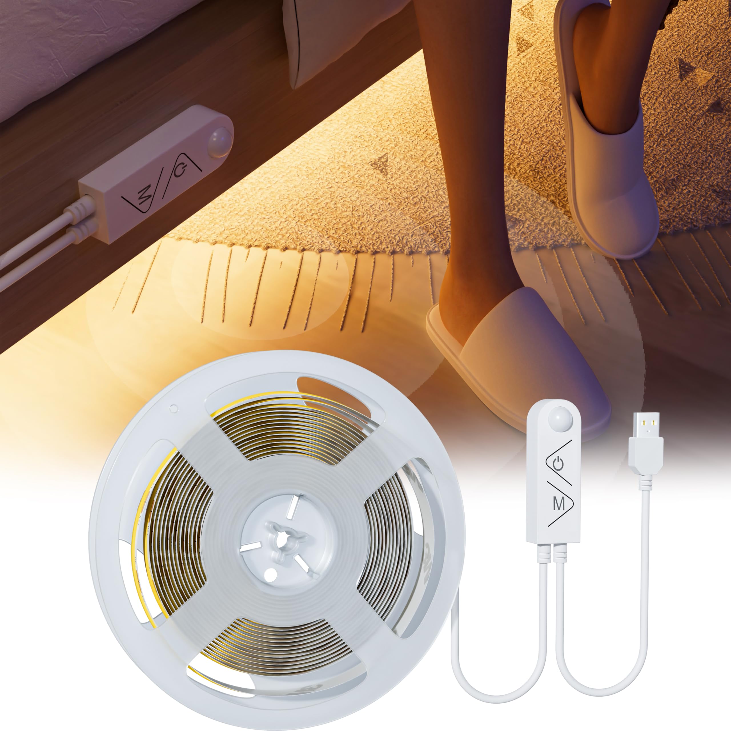 Pautix 3000K-Motion Sensor Motion Sensor Usb Cob Led Strip 3M Warm White 3000K, 5V Movement Activated Auto On/Off Led Tape, Dimmable 960Leds Bright Lights, Pir Sensing Led Strips For Stairs, Under Bed, Mirror, Cabinet