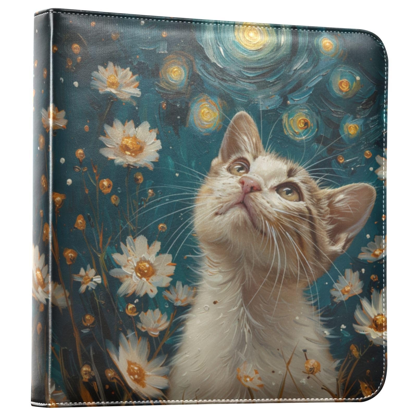 JIPONI Cat Van Gogh Daisy Large Photo Album, DIY Leather Cover Scrapbook Albums for 4x6 5x7 6x8 Pictures, Self Adhesive Memory Book for Wedding, Baby, Family