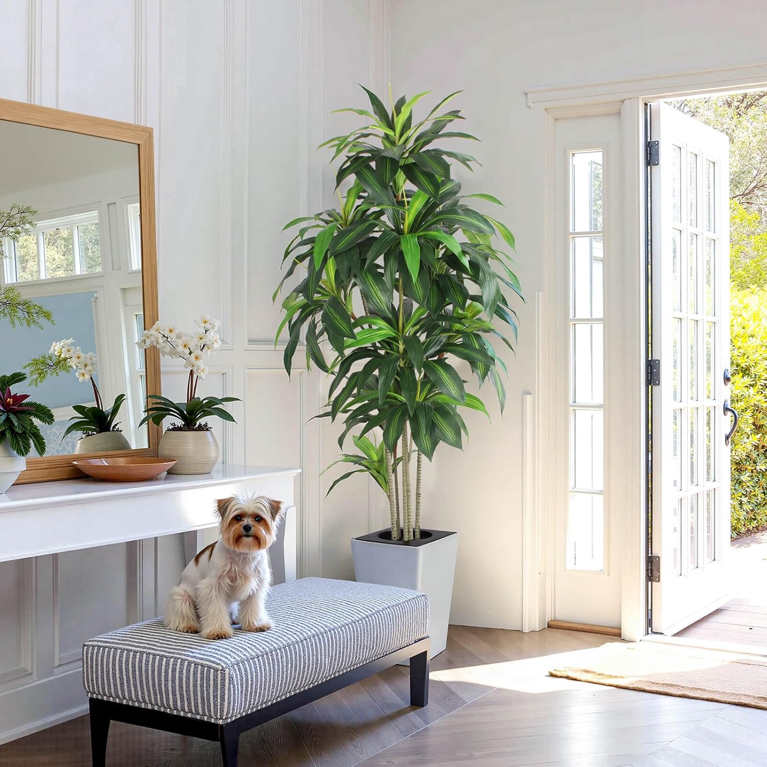 Artificial Dracaena Tree with White Tall Planter, 7ft Tall Potted Artificial Dracaena Silk Plant, Fake Yucca Tree Plant, Home Office Floor Room Decor Plants Indoor Outdoor, Housewarming Gift - Image 2