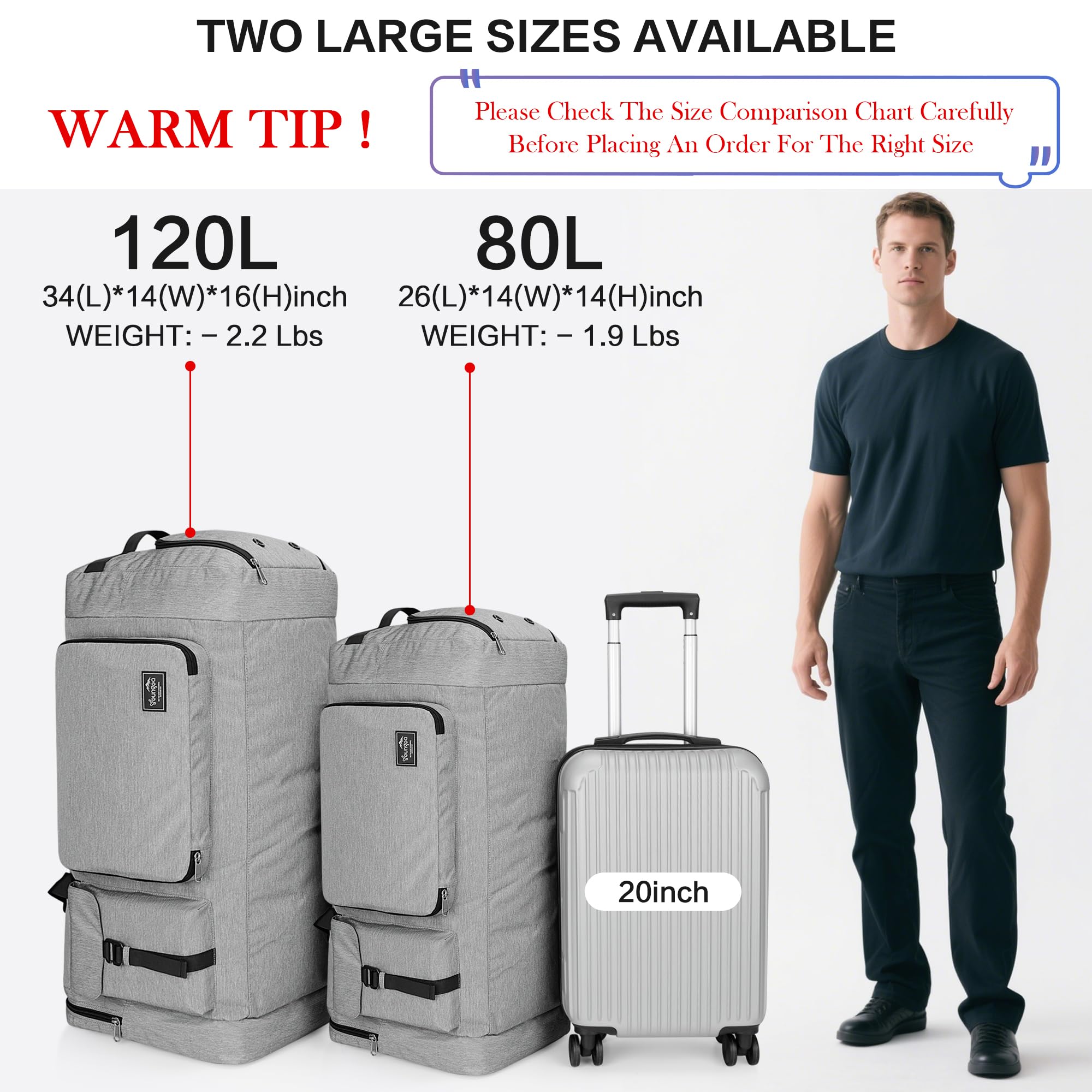 120L Borsone da Viaggio Pieghevole per Uomo e Donna, Grande Borsa Palestra con Scomparto per Scarpe, Borsa Sportiva Leggera e Impermeabile, Grigio