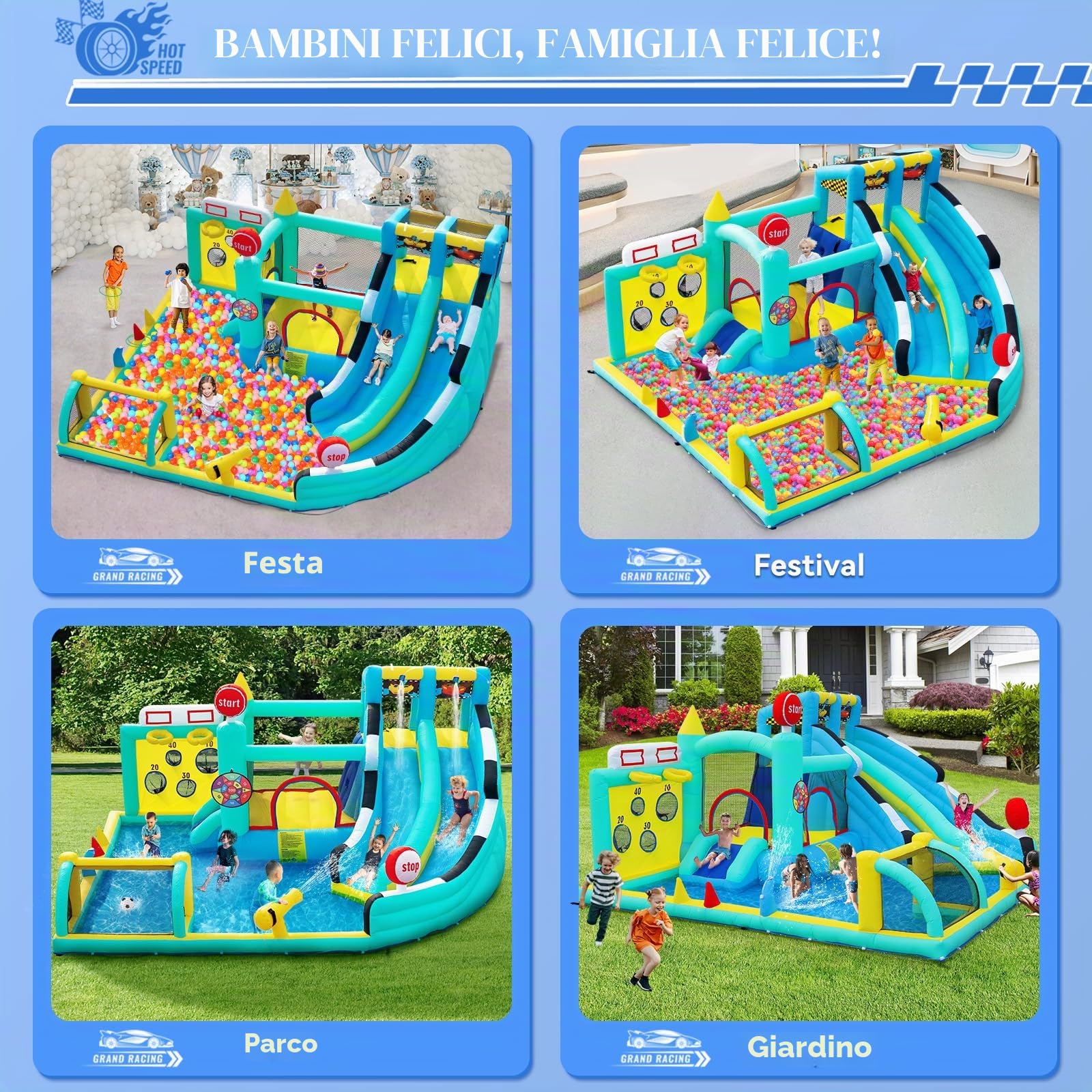 Castello Gonfiabile Grande per Bambini con Acquatico Scivolo, Piscina, Pareti Arrampicata, Trampolino, Canestro da Basket per Interno Giardino Esterno, 470×400×220cm