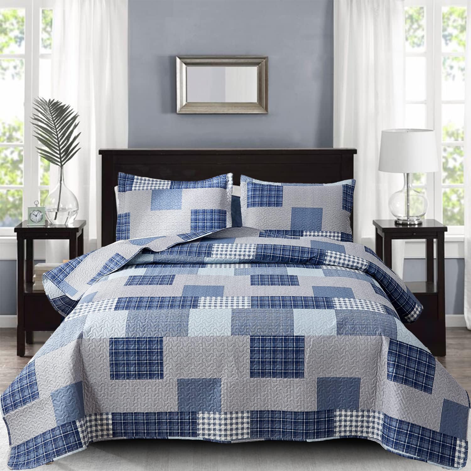 CHESITY Plaid Quilt Set Full/Queen Size Quilt 3-Piece Navy Blue Plaid Bedding Sets Reversible Lightweight Stripe Bedspread Grid Bedding Coverlet Patchwork Soft Quilt for Bed (90" x 90")