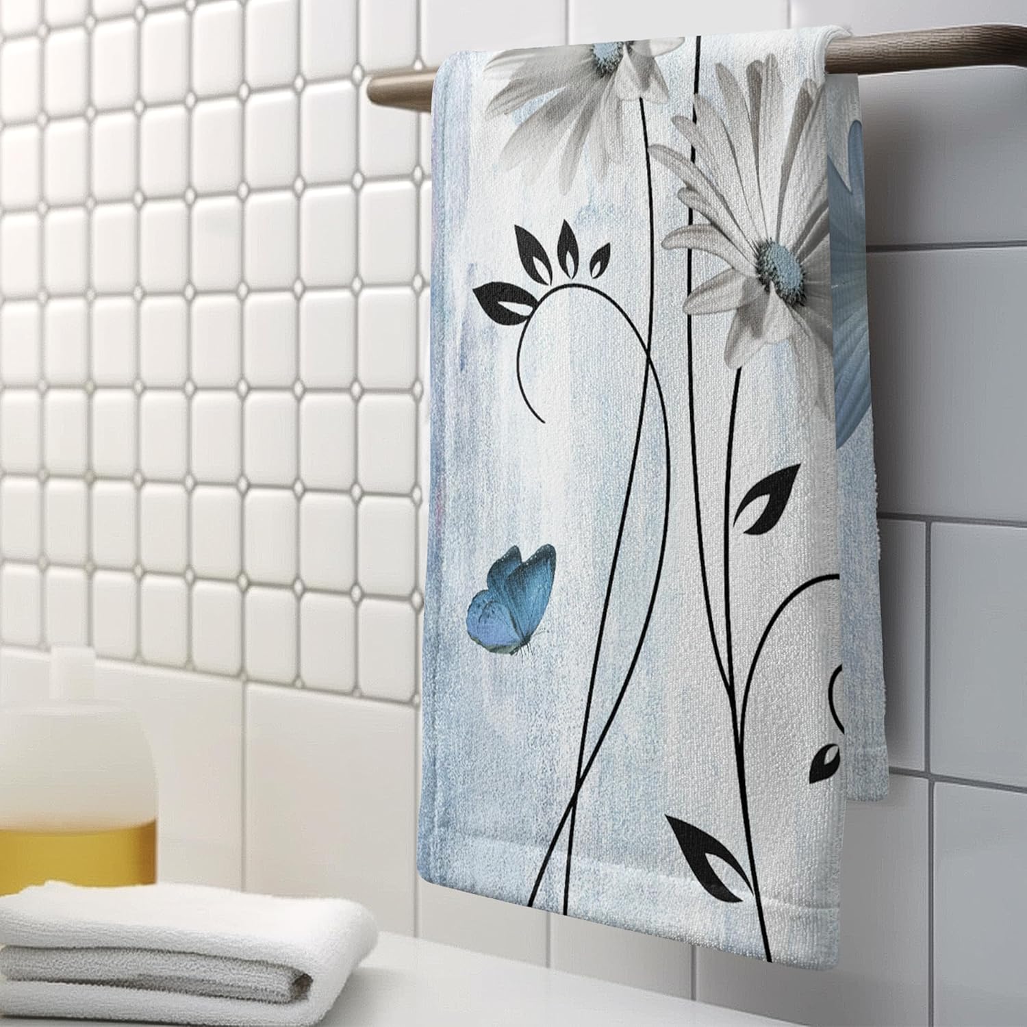 Blue Flower with Butterfly Hand Towels Set of 2 Navy Blue and White Coreopsis Floral Fingertip Kitchen Towels Rustic Farmhouse Bath Towel Soft Absorbent Cotton Towels for Face,Gym,Spa - Image 4