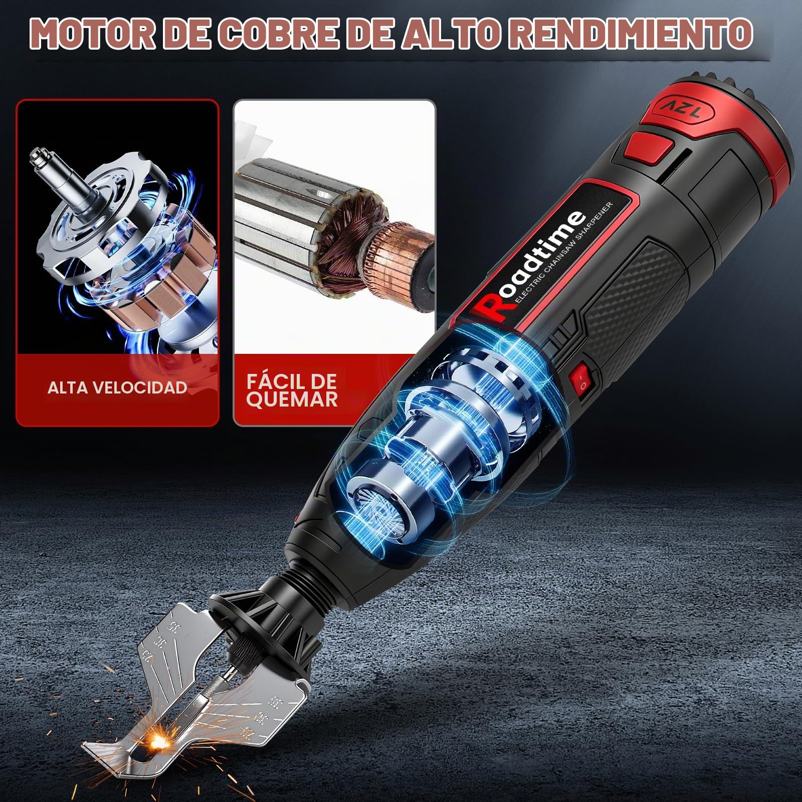 Afilador Eléctrico para Motosierras con Batería 1300 mAh, 9 Cabezales | Afilador de Motosierras Inalámbrico, Cabezal de Aleación, Guía Angular, Portátil con USB