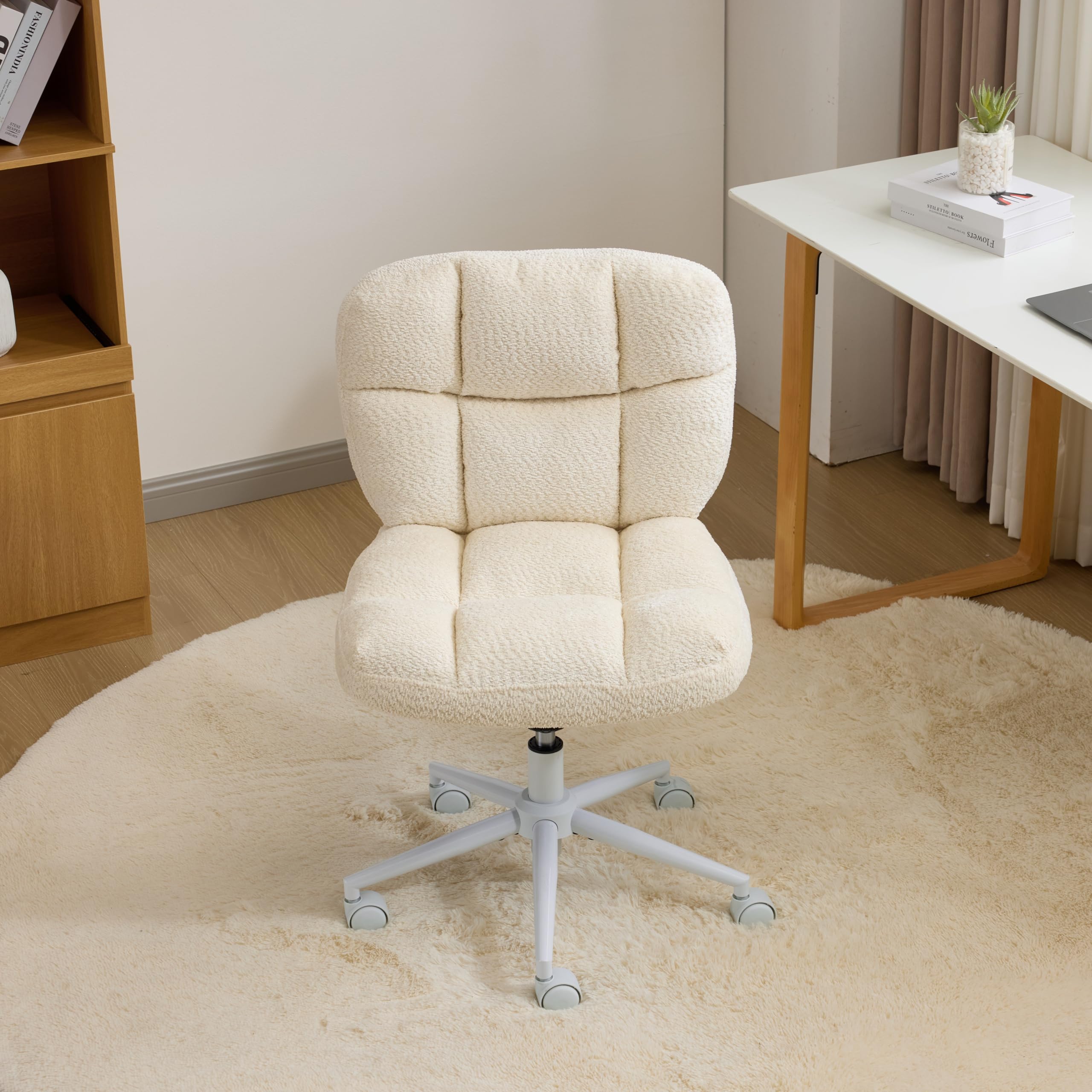 VINGLI Cross Legged Office Chair, Office Chair No Arms, Chenille, Cream