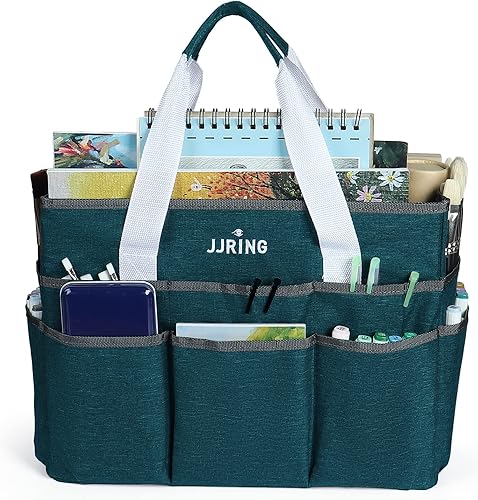 Miniatura 3 de Jjring Bolsa organizadora de manualidades, organizador de arte grande con múltiples bolsillos, bolsa de costura verde azulado para arte,