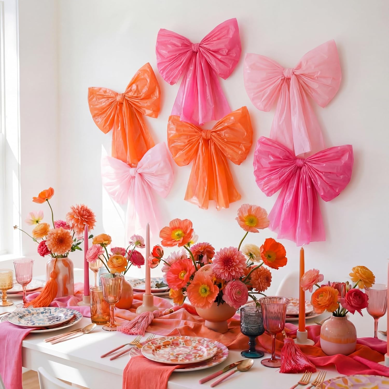 Norme 6 Pack DIY Large Wall Bows for Pink and Orange Party Decorations, Tequila Sunset Party Decorations, Giant Hanging Hot Pink Orange Bow for Chair Wall Stair Door for Wedding Birthday Backdrop