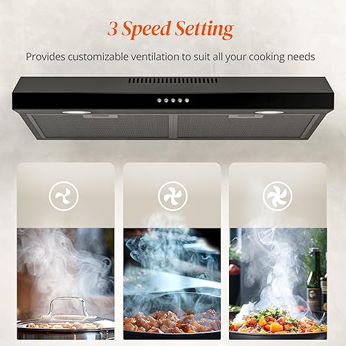Miniatura 4 de FIREGAS Campana extractora negra de 30 pulgadas debajo del gabinete, campana de cocina convertible sin conductosconductos, 300 CFM, extractor de 3