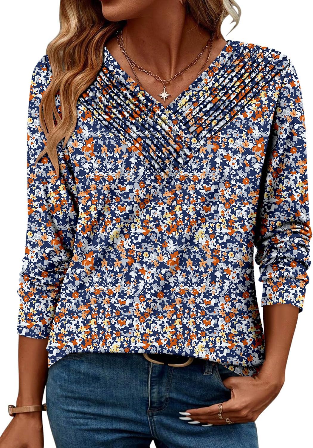 Long Sleeve Shirts for Women Fashion V Neck Basics Casual Top Fitted Tunic Tops