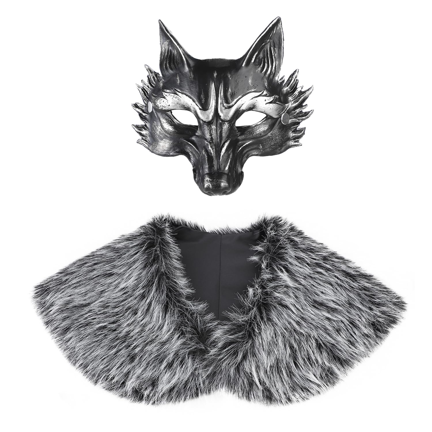 Halloween Faux Fur Shoulder Wrap Wolf Bear Mask Set Medieval Warrior Costume Cape Outfit Fancy Dress Animal Face Cover Makeup Prop Party Costume Accessory for Masquerade Carnival Cosplay LAPR Party