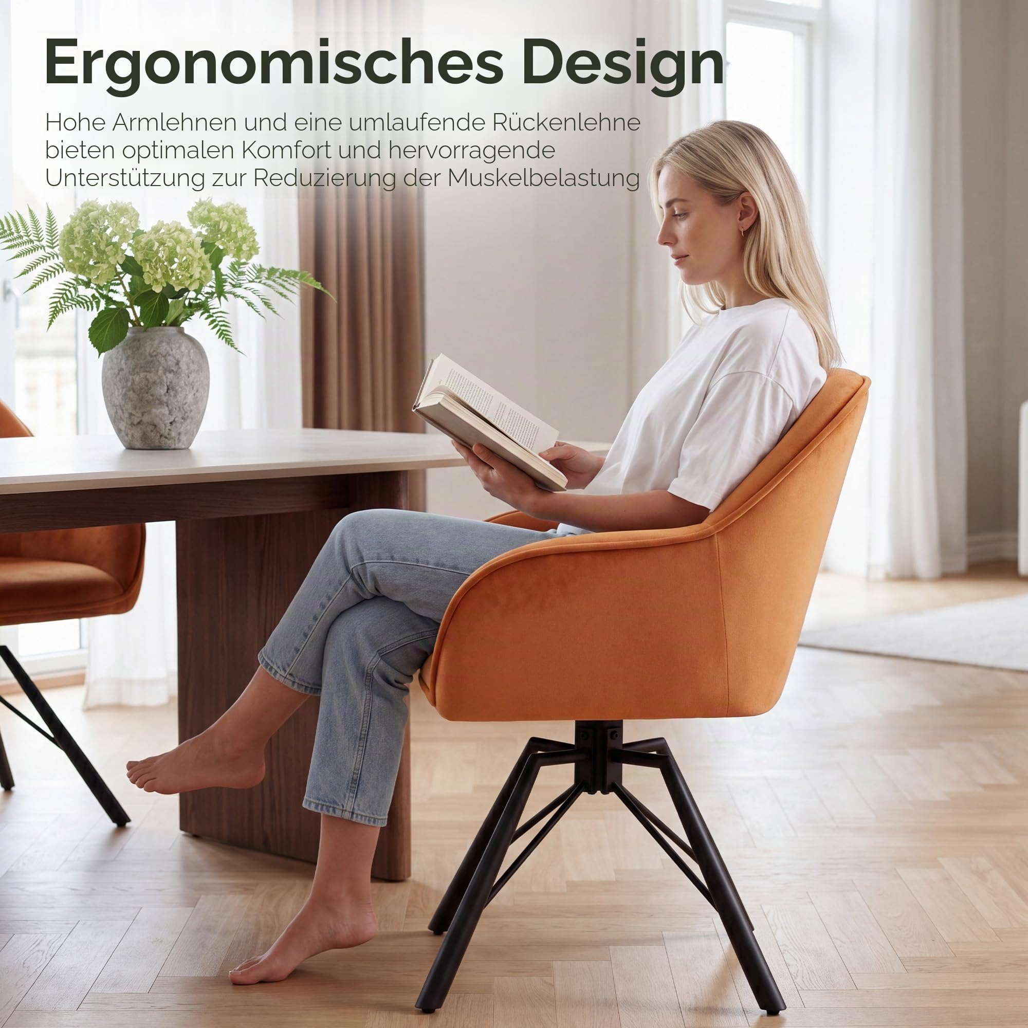 ELUCHANG Esszimmerstühle 4er Set, 360°Drehbar, Mehrschichtiger Dicker Schaumstoff Stuhl mit Hohen Armlehnen, Braun Samt, Gekreuztes Metallgestell bis 150KG, für Schlafzimmer Küche Wohnzimmer