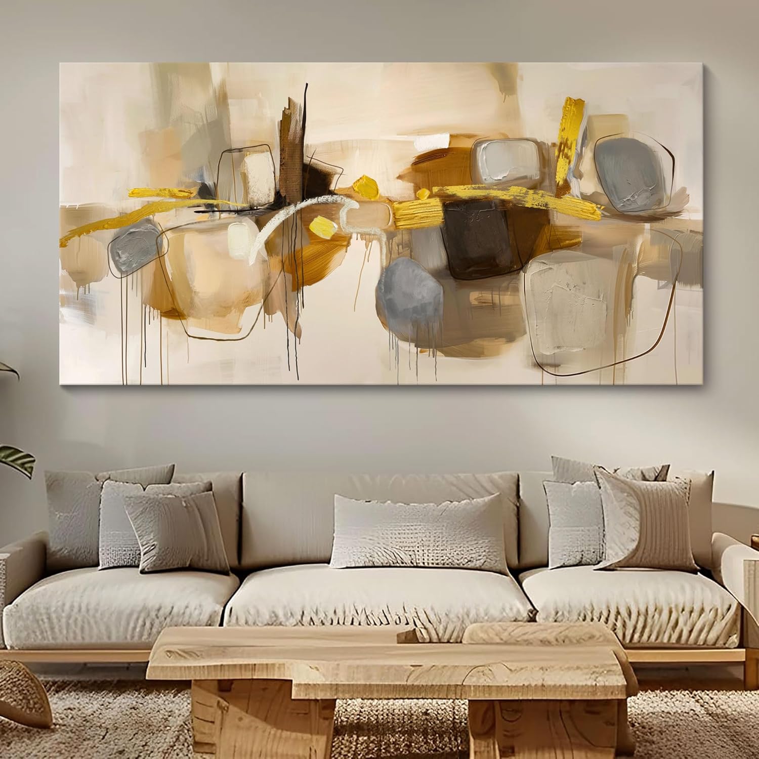 HGUAOA Abstract Wall Art for Living Room - Large Yellow and Orange Geometric Artwork - Modern Paintings for Office Decor - Contemporary Big Wall Decor for Home or Office 20×40IN