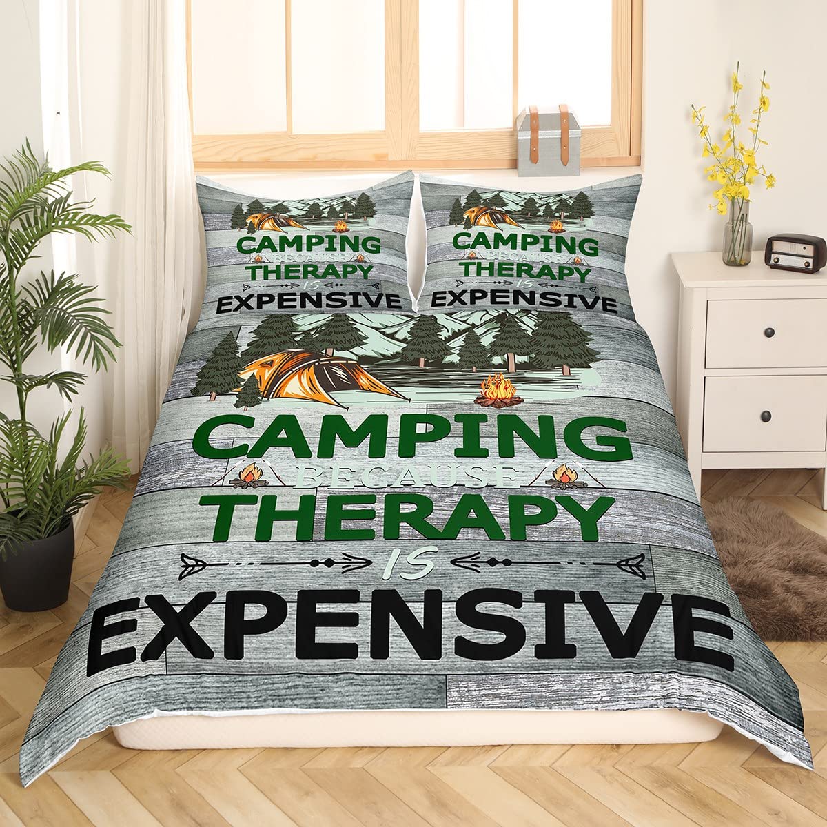 Camper Bettwäsche Happer Camping Bettbezug 135 x 200 cm rustikale Bauernhaus Bettdecke altes Scheunentor Bettbezug für Kinder Teenager Erwachsene Bergkiefer Camping Bettbezug 1 Kissenbezug grün