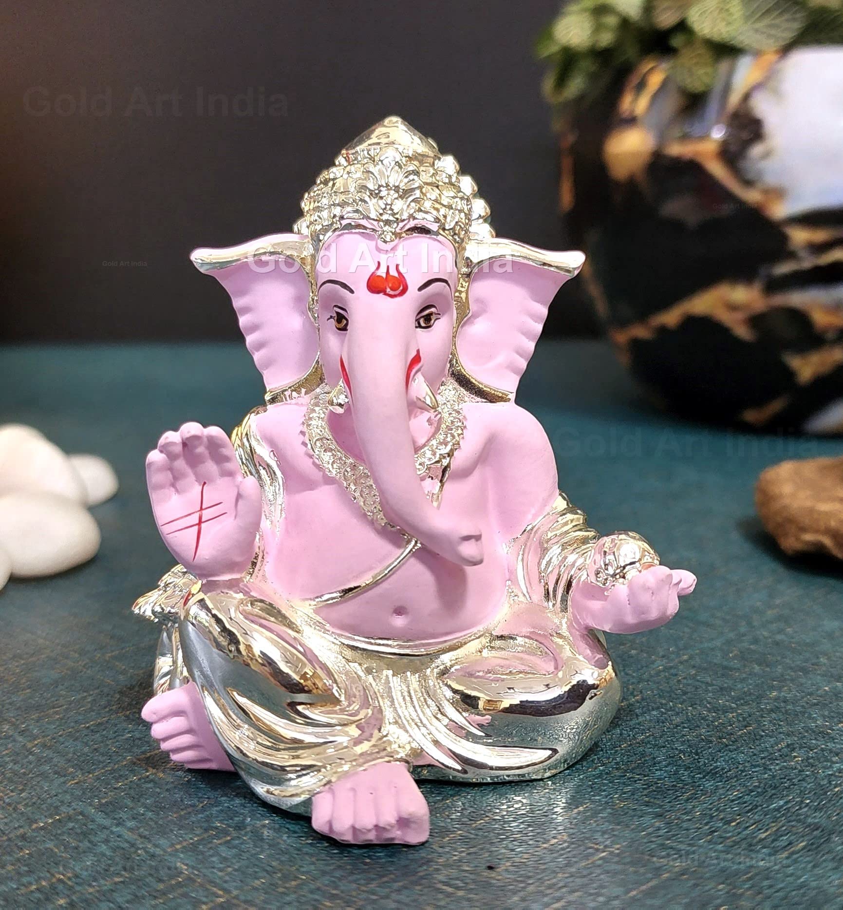 Gold Art India Silver Pink Plated Gaddi Ganesha for Car Dashboard Ganesha Murti Ganpati Idol for Home Decor Puja Lord Ganesh Statue Gift for Office Desk Puja Room Figurine