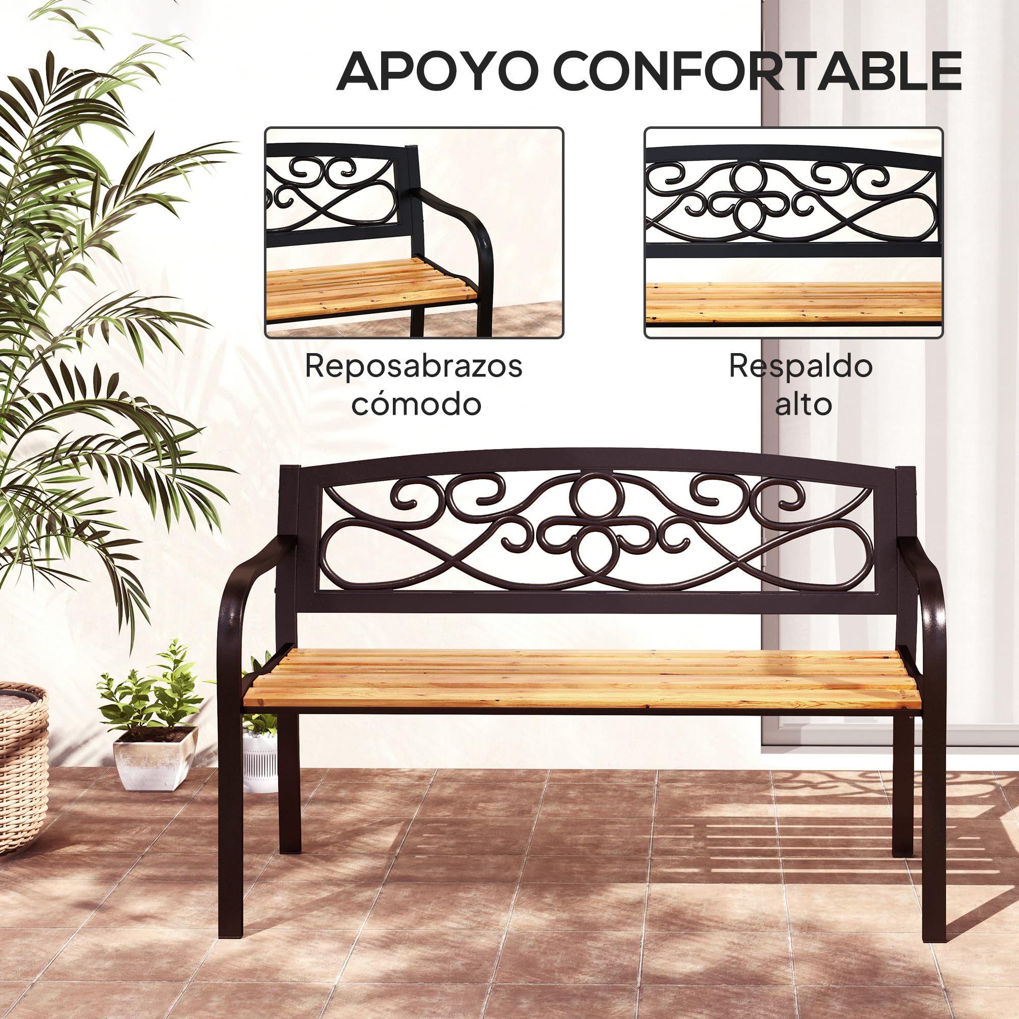 Outsunny Banco de Jardín Exterior de 2 Plazas Banco de Exterior con Asiento de Madera y Marco de Acero para Patio Terraza 127x56x80 cm Negro y Natural