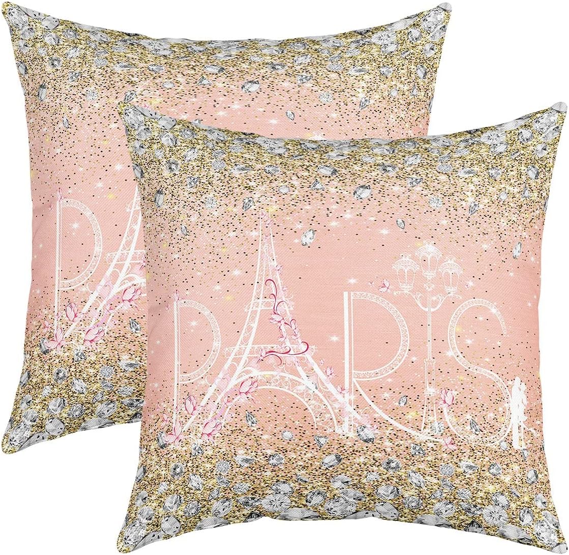 Eiffel Tower Square Cushion Covers Set of 2 Paris Glitter Print (No Glitter) Diamond Reversible Throw Pillow Covers for Pink Gold and Silver Pillow Covers Home Decor Decor Valentines 16 x 16