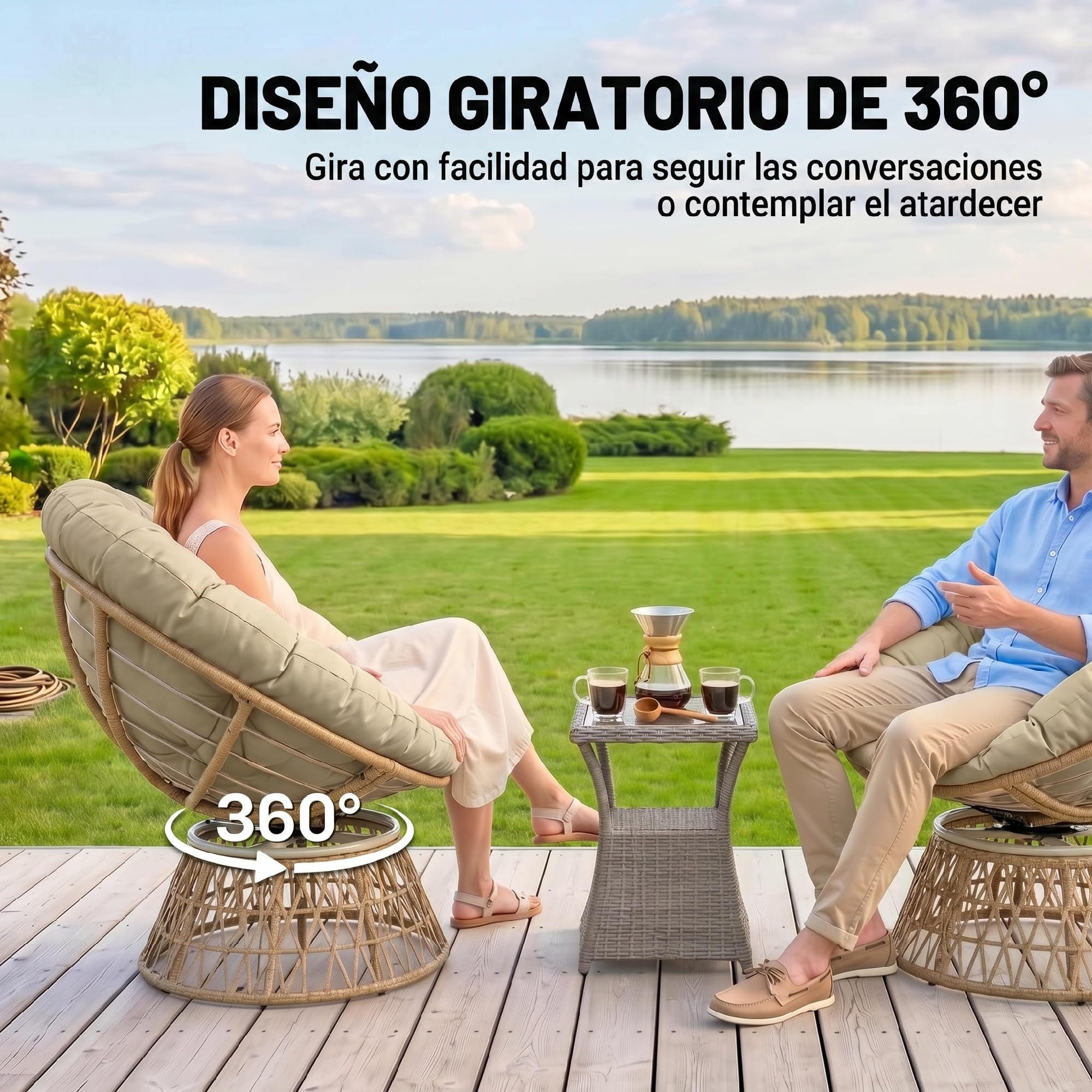 Outsunny Sillón Papasan Giratorio 360° de Ratán Sintético, Silla Redonda de Mimbre PE con Cojín y Marco de Acero, Resistente a Intemperie, Carga 120 kg, para Jardín, Terraza, 85x70x82 cm, Amarillo