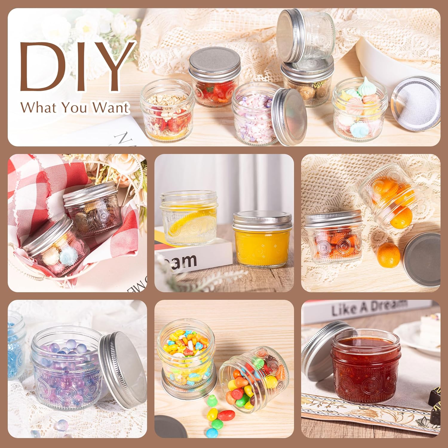 Amzcku 4 oz Glass Mason Jars with Regular Mouth Lids - 24-Pack Glass Canning Jars for Storage, Overnight Oats, Jam, Jelly, Honey, Beans, Spices, Wedding Favors, Shower Favors - Image 4