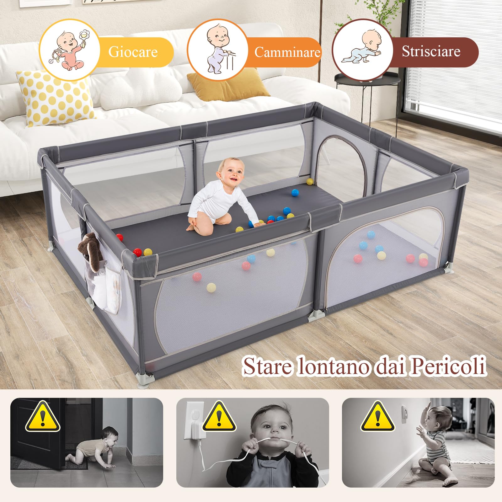 RELAX4LIFE Box Recinto per Bambini, Centro di Attività per Bambini dai 6 Mesi ai 3 Anni (206x147,5cm, E: 50 Palline+ Borsa di Trasporto+Tasca Laterale,GRIGIO)
