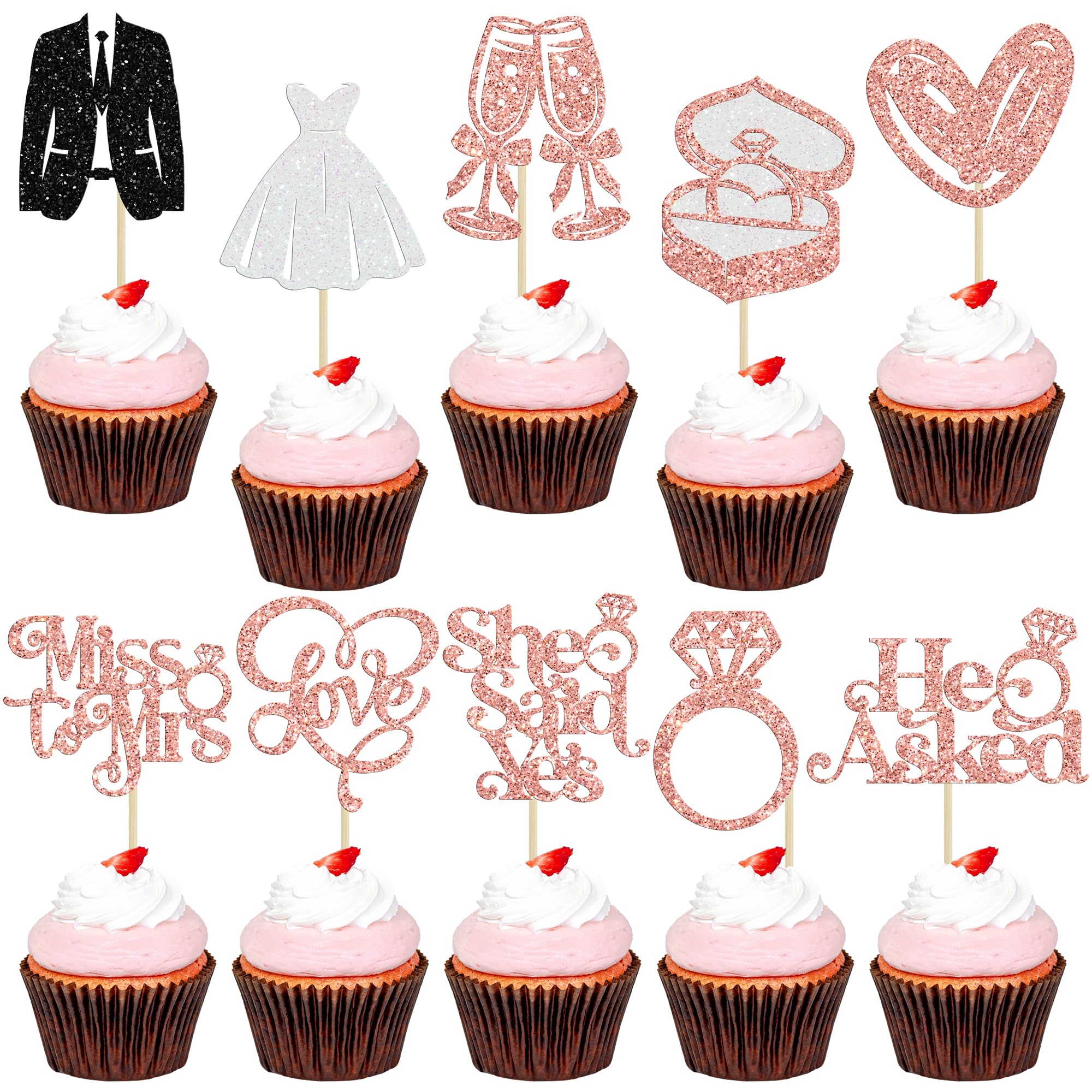 Gyufise 30Pcs She Said Yes Cupcake Toppers Glitter Diamond Ring I Do Love Cupcake Picks Miss to Mrs He Asked Bridal Shower Wedding Engagement Bachelorette Cake Decoration Rose Gold