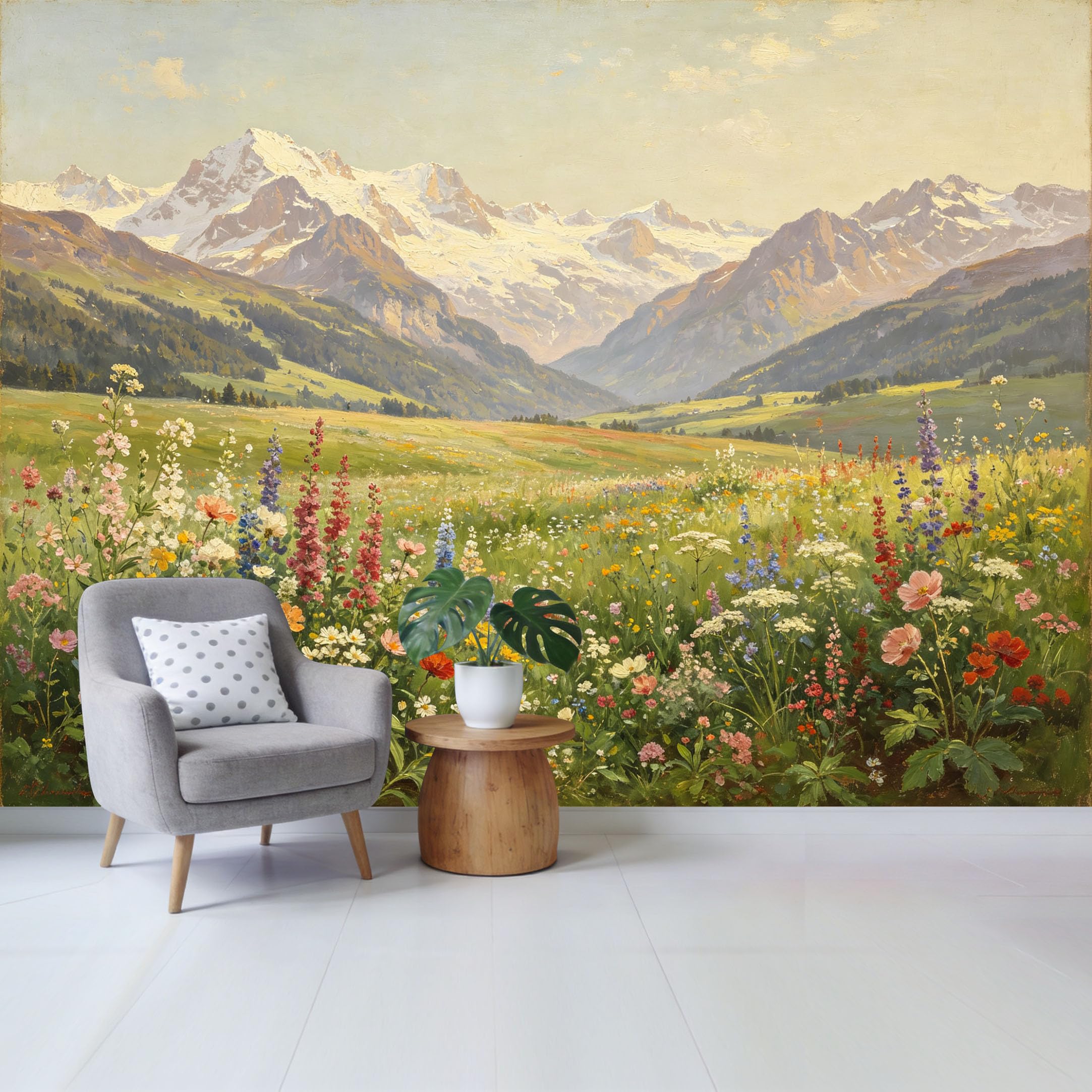 Qzlithotic Yq2605250410 Custom Size Wall Mural Alpine Mountain Landscape Wildflower Meadow Oil Painting Style Selfadhesive Wall Fabric Removable Wallpaper For Home Office Decor